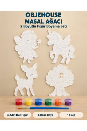 Objehouse Masal Ağacı 2 Boyutlu Boyama Seti, 4 Figür, 6 Renk Boya, 1 Fırça