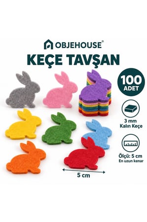 Objehouse Keçe Tavşan Süsleme Figürü, 100 Adet, 5 cm, 3 mm Kalın Keçe