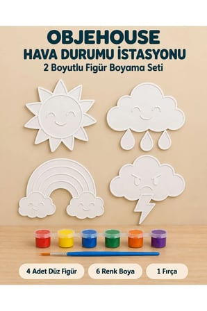 Objehouse Hava Durumu İstasyonu 2 Boyutlu Boyama Seti, 4 Figür, 6 Renk Boya, 1 Fırça