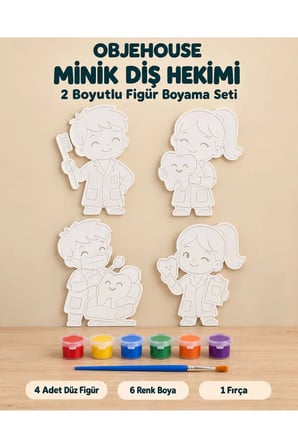 Objehouse Minik Diş Hekimi 2 Boyutlu Boyama Seti, 4 Figür, 6 Renk Boya, 1 Fırça