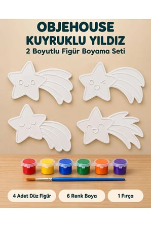 Objehouse Kuyruklu Yıldız 2 Boyutlu Boyama Seti, 4 Figür, 6 Renk Boya, 1 Fırça