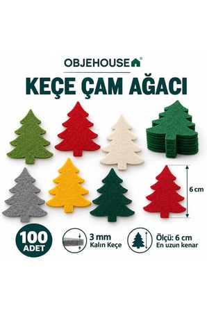 Objehouse Keçe Çam Ağacı Süsleme Figürü, 100 Adet, 6 cm, 3 mm Kalın Keçe