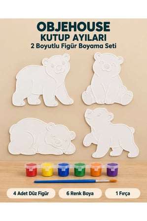 Objehouse Kutup Ayıları 2 Boyutlu Boyama Seti, 4 Figür, 6 Renk Boya, 1 Fırça