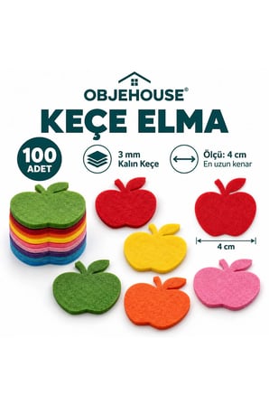 Objehouse Keçe Elma Süsleme Figürü, 100 Adet, 4 cm, 3 mm Kalın Keçe