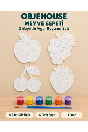 Objehouse Meyve Sepeti 2 Boyutlu Boyama Seti, 4 Figür, 6 Renk Boya, 1 Fırça