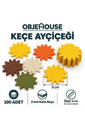 Objehouse Keçe Ayçiçeği Süsleme Figürü, 100 Adet, 5 cm, 3 mm Kalın Keçe