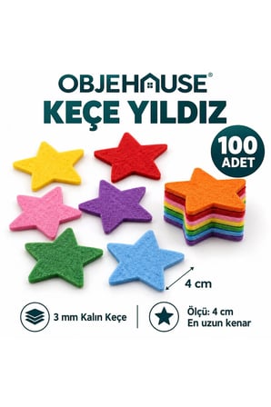 Objehouse Keçe Yıldız Süsleme Figürü, 100 Adet, 4 cm, 3 mm Kalın Keçe