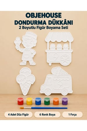Objehouse Dondurma Dükkânı 2 Boyutlu Boyama Seti, 4 Figür, 6 Renk Boya, 1 Fırça