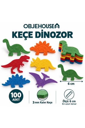 Objehouse Keçe Dinozor Süsleme Figürü, 100 Adet, 6 cm, 3 mm Kalın Keçe