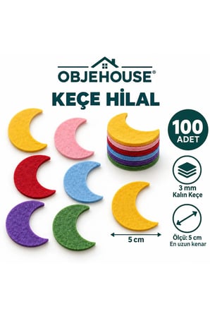 Objehouse Keçe Hilal Süsleme Figürü, 100 Adet, 5 cm, 3 mm Kalın Keçe