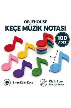 Objehouse Keçe Müzik Notası Süsleme Figürü, 100 Adet, 5 cm, 3 mm Kalın Keçe
