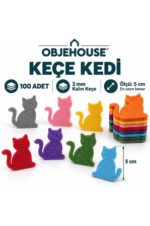 Objehouse Keçe Kedi Süsleme Figürü, 100 Adet, 5 cm, 3 mm Kalın Keçe