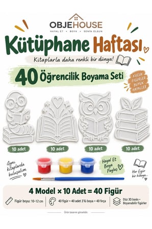 Objehouse Kütüphane Haftası 40 Öğrencilik Boyama Seti, 4 Model 40 Figür, Boya ve Fırça