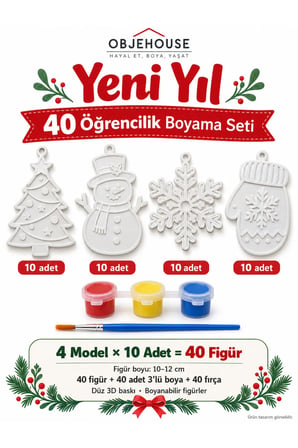 Objehouse Yeni Yıl 40 Öğrencilik Boyama Seti, 4 Model 40 Figür, Boya ve Fırça