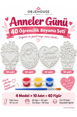 Objehouse Anneler Günü 40 Öğrencilik Boyama Seti, 4 Model 40 Figür, Boya ve Fırça