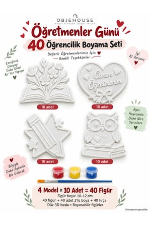 Objehouse Öğretmenler Günü 40 Öğrencilik Boyama Seti, 4 Model 40 Figür, Boya ve Fırça