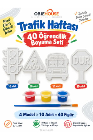 Objehouse Trafik Haftası 40 Öğrencilik Boyama Seti, 4 Model 40 Figür, Boya ve Fırça