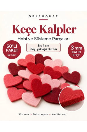 Objehouse Keçe Kalp Hobi ve Süsleme Parçası, 50 Adet, 4 x 3,6 cm, 3 mm Kalın Keçe