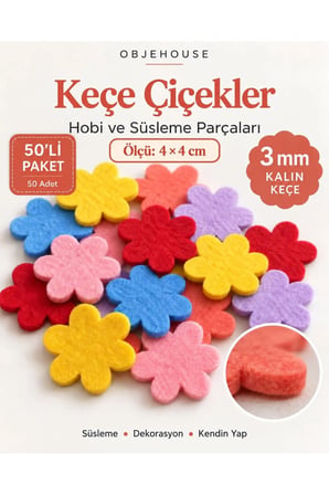 Objehouse Keçe Çiçek Hobi ve Süsleme Parçası, 50 Adet, 4 x 4 cm, 3 mm Kalın Keçe
