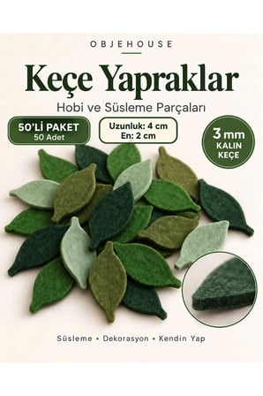 Objehouse Keçe Yaprak Hobi ve Süsleme Parçası, 50 Adet, 4 x 2 cm, 3 mm Kalın Keçe