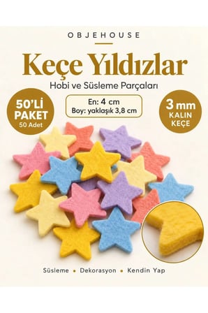 Objehouse Keçe Yıldız Hobi ve Süsleme Parçası, 50 Adet, 4 x 3,8 cm, 3 mm Kalın Keçe