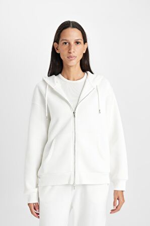 DeFacto Relax Fit Kapüşonlu Cepli Basic Düz Fermuarlı Sweatshirt C1809AX24WNER105