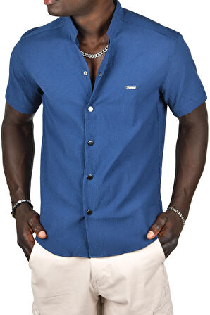 DeepSEA Erkek Lacivert Gofre Kumaş Hakim Yaka Slim Fit Likralı Çıtçıtlı Kısa Kollu Gömlek 2403018
