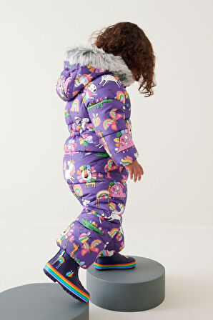 Next Baby Mor Unicorn Desenli Tam Polar Astarlı Kar Tulumu