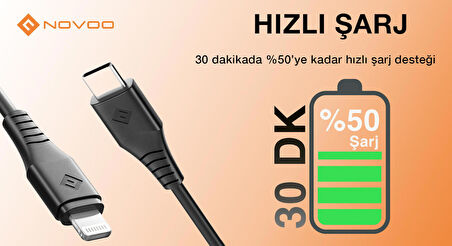 Novoo Type-C iPhone Lightning Hızlı Şarj Kablosu Siyah 1.2 Metre