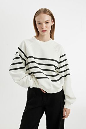 DeFacto Coool Oversize Geniş Kalıp Bisiklet Yaka Çizgili Kalın Sweatshirt C8193AX24WNWT32
