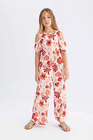 DeFacto Kız Çocuk Wide Leg Geniş Bol Paça Çiçekli Beli Lastikli Bürümcük Pantolon C5373A824SMRD116