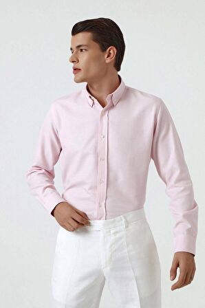 Slim Fit Pembe Armürlü Düğmeli Yaka Pamuklu Gömlek 5HC02ORT07265