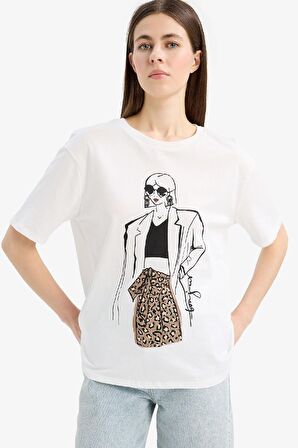 DeFacto Regular Fit Bisiklet Yaka Kız Baskılı Penye Kısa Kollu Tişört E5141AX25SMER105