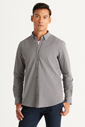 Erkek Gri Slim Fit Dar Kesim Düğmeli Yaka Pike Desenli Örme Gömlek