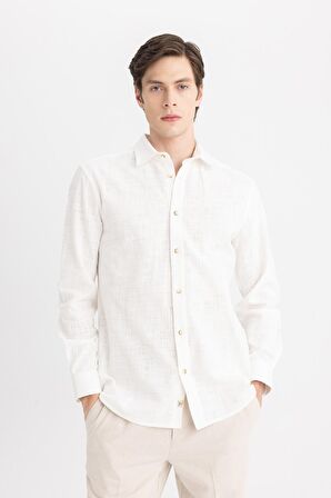DeFacto Regular Fit Polo Yaka Uzun Kollu Pamuklu Keten Görünümlü Beyaz Gömlek B4129AX24SPWT32