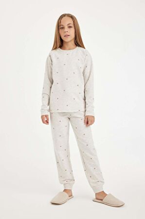 DeFacto Kız Çocuk Pijama Takımı Kalp Baskılı Bisiklet Yaka Uzun Kollu Üst Uzun Alt D3728A824AUER151