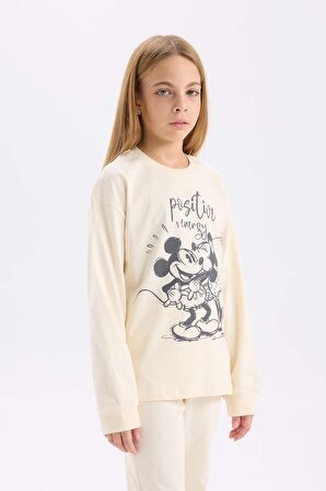 DeFacto Kız Çocuk Pijama Takımı Disney Mickey & Minnie Bisiklet Yaka Uzun Kollu Üst Uzun Alt D7751A824WNER134