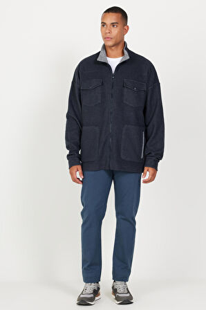 Erkek Indigo Melanj Oversize Bol Kesim Dik Yaka Pamuklu Desenli Sweatshirt Ceket