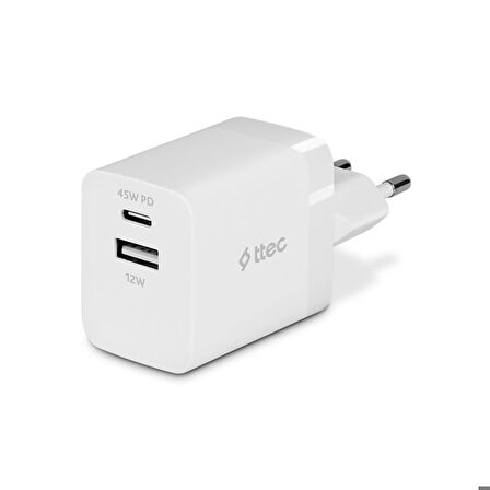 ttec SmartCharger Duo PD 45W Seyahat Hızlı Şarj Aleti USB-C+USB-A