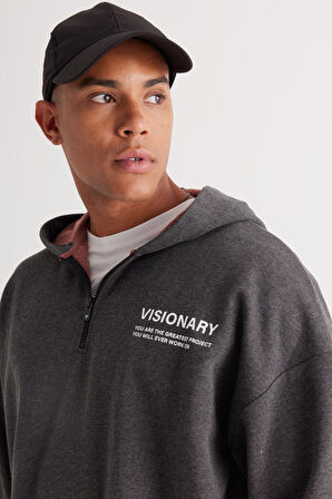 Erkek Antrasit-melanj Oversize Bol Kesim Içi Polarlı 3 Iplik Kapüşonlu Baskılı Sweatshirt