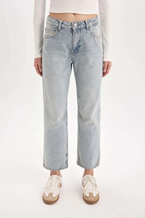 Straight Fit Yüksek Bel Bilek Boy Jean Yıkamalı Pantolon