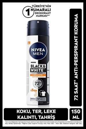 Nivea MEN Erkek Sprey Deodorant Black&White Invisible Güçlü Etki 150ml, 72 Saat Anti-perspirant Ter Koruma