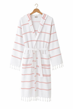 Kapşonlu Unisex Beyaz Çizgili Banyo Deniz Plaj Peştemal Bornozu %100 Pamuklu