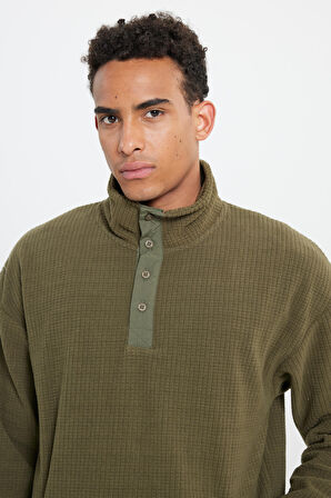 Erkek Haki Loose Fit Bato Yaka Desenli Polar