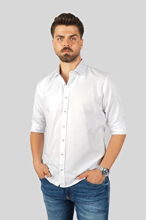 Beyaz Baklava Desen Slimfit Erkek Gömlek