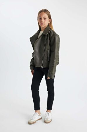 DeFacto Kız Çocuk Su İtici Ceket Yaka Fermuarlı Rüzgar Geçirmez Suni Deri Mont C4977A824AUBN303