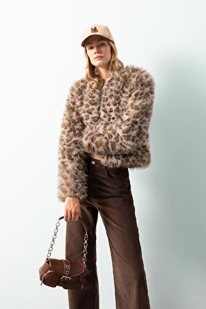 DeFacto Regular Fit Leopar Desenli Suni Kürk Ceket Mont D6650AX24WNBG778