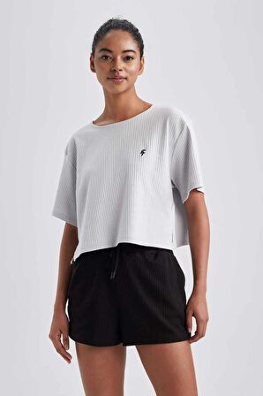 DeFactoFit Cropped Fit Bisiklet Yaka Sporcu Ribana Kısa Kollu Tişört A9916AX23HSGR294