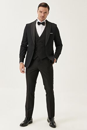 Erkek Siyah Slim Fit Dar Kesim Yelekli Desenli Smokin Damatlık
