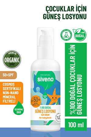 Siveno %100 Doğal Çocuk Güneş Losyonu Leke Karşıtı Antioksidan Nemlendirici Bitkisel Vegan UVA UVB SPF50